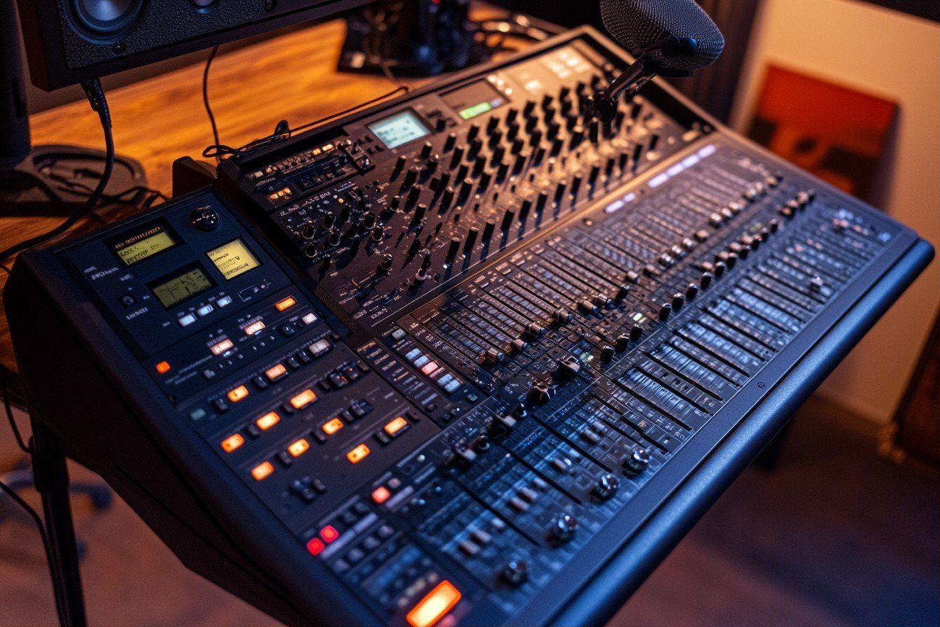 Table de mixage avec curseurs et boutons dans un studio