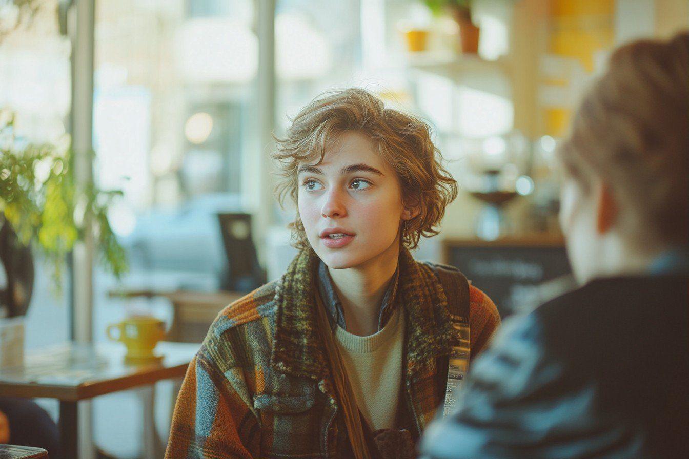Jeune personne aux cheveux bouclés écoutant attentivement dans un café
