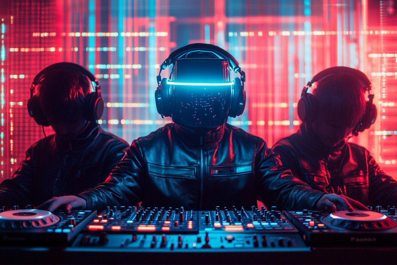 Trois DJs casqués derrière une console d'éclairage futuriste