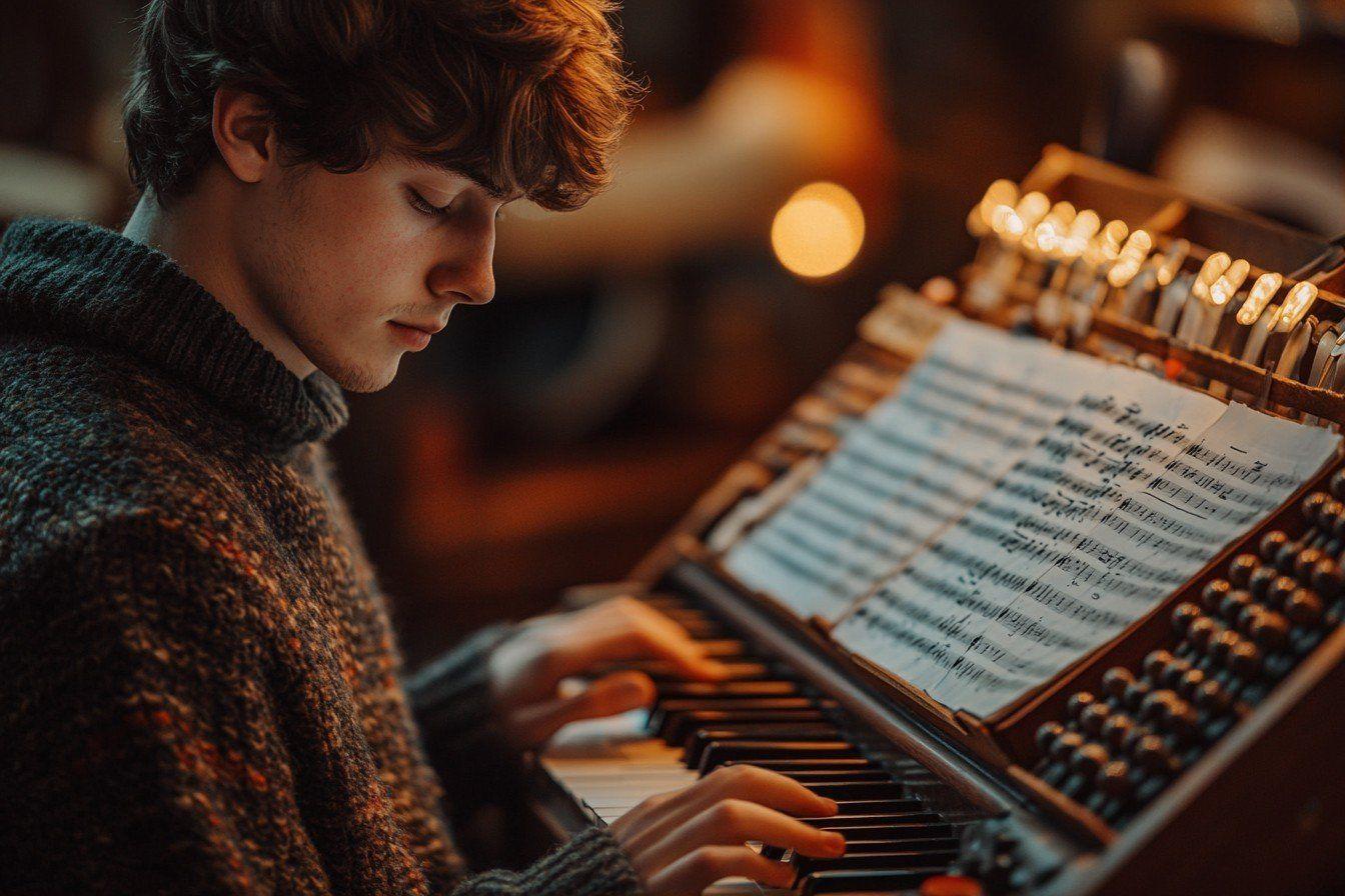 Jeune musicien concentré jouant du piano avec partition
