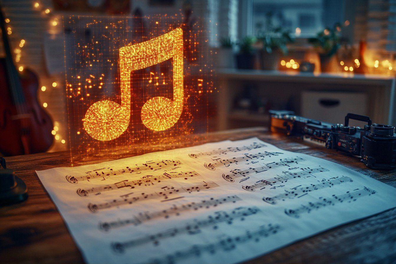 Partition avec note de musique holographique orange scintillante