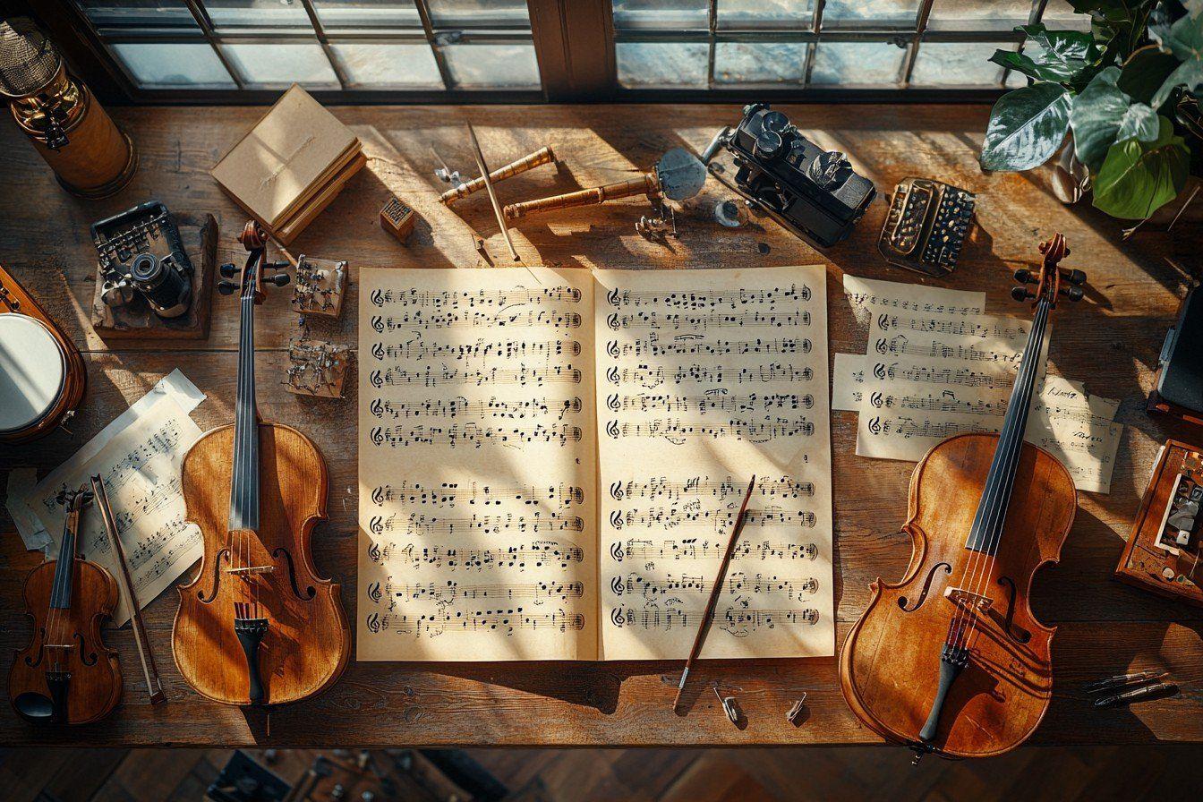Instruments à cordes, partition et objets anciens sur un bureau en bois