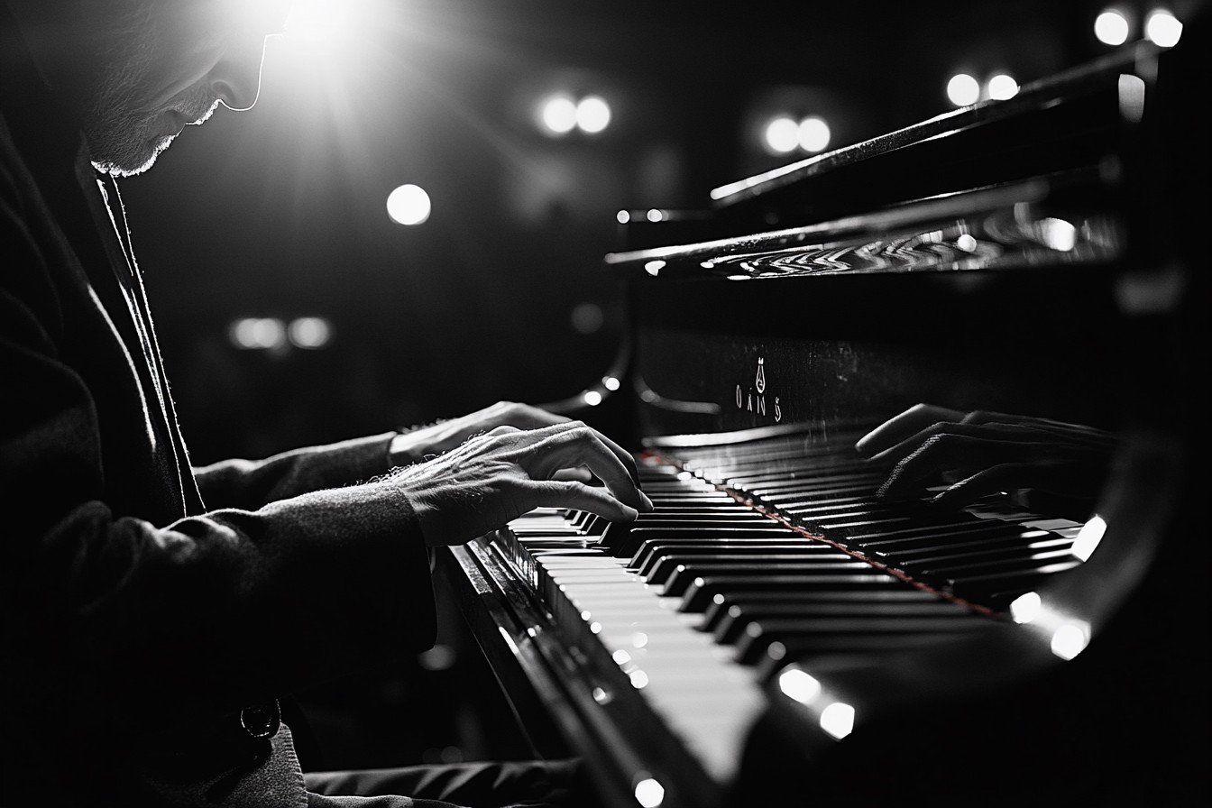 Mains jouant sur un clavier de piano en noir et blanc