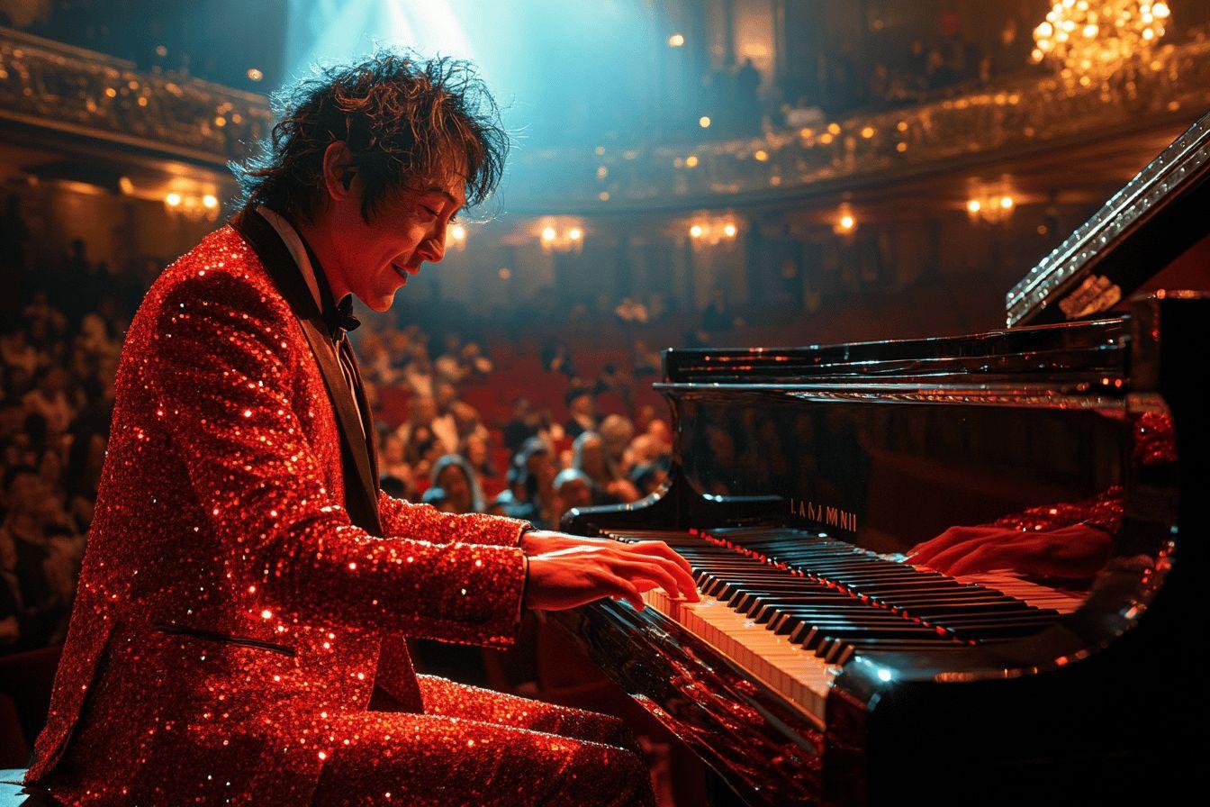 Musicien au costume rouge brillant jouant du piano sur scène
